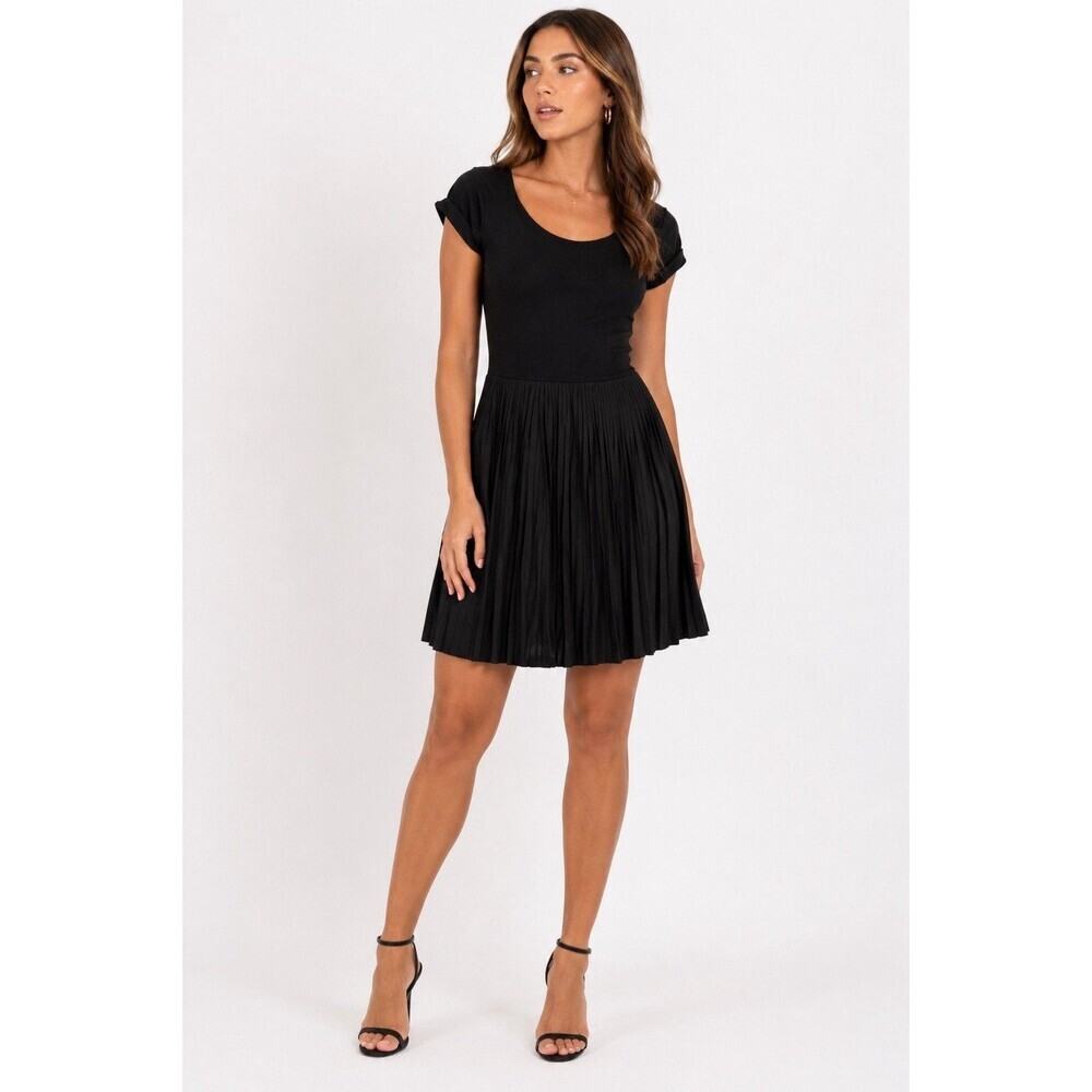 French Connection Black Pleated Fit Flare Dress Short Sleeve Size 12 US
